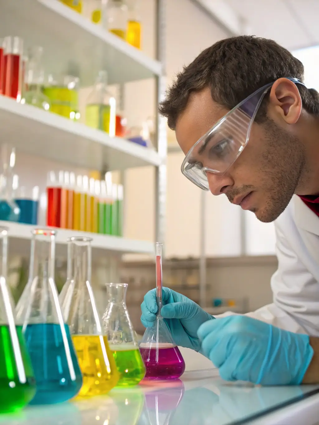 A close-up shot of a scientist in a Stedu Science lab, wearing safety goggles and gloves, carefully handling a test tube with a colorful liquid, showcasing chemical analysis.
