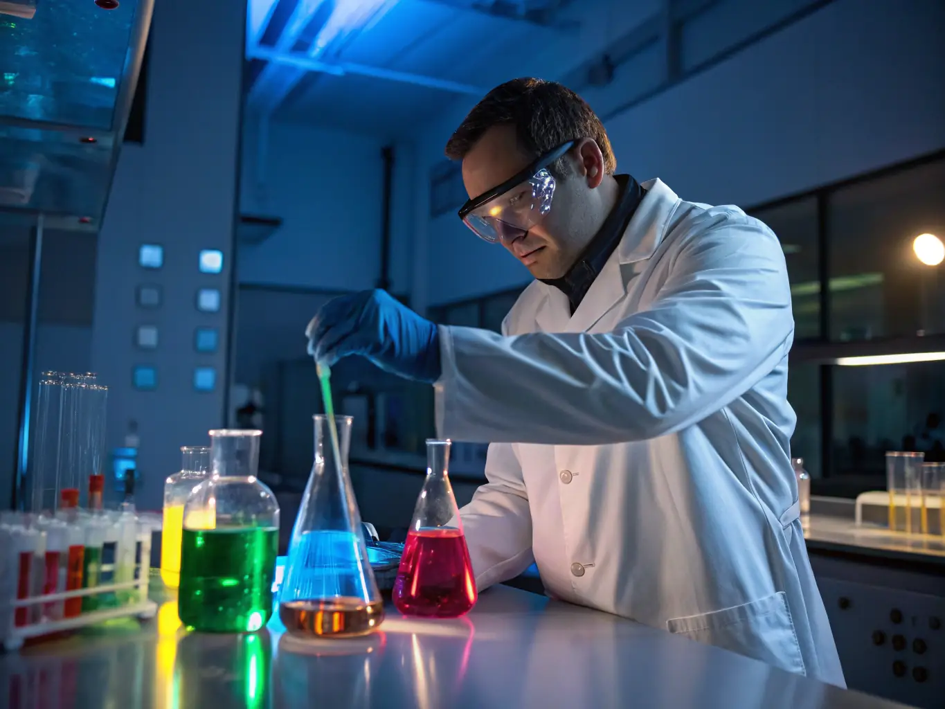 A scientist in a lab coat performing a chemical analysis test with sophisticated equipment, focusing on precision and accuracy.