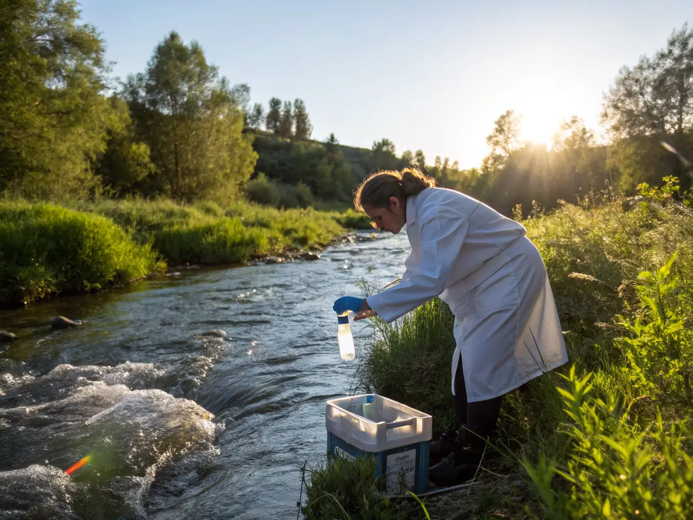 An environmental scientist collecting a water sample in a natural environment, emphasizing environmental responsibility and compliance.